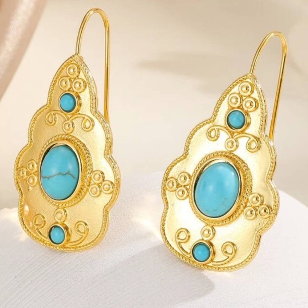 Gold Wash Turkish Turquoise Beads Unique Belly Dance Dangle Boho Geo Earrings